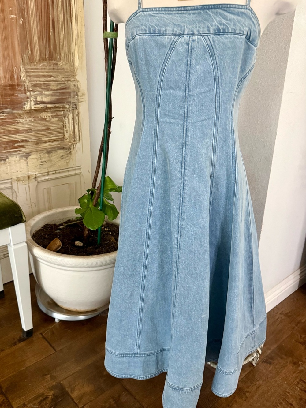 Pilcro, Anthropologie Light Blue Denim Spaghetti Strap Midi Dress